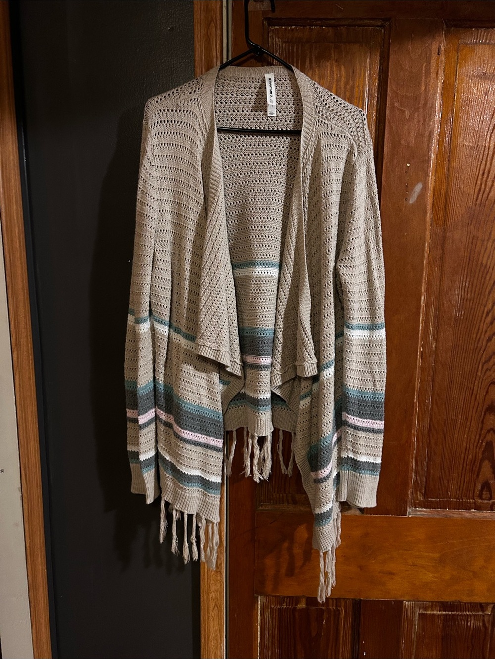Bethany Mota Taupe Knit Open-Front Cardigan with Fringe and Stripes